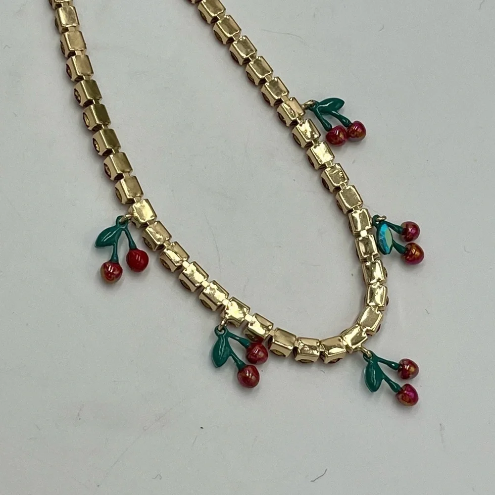 Betsey Johnson Gold Tone & Red Crystal‎ Tennis Necklace With Cherry Charms New